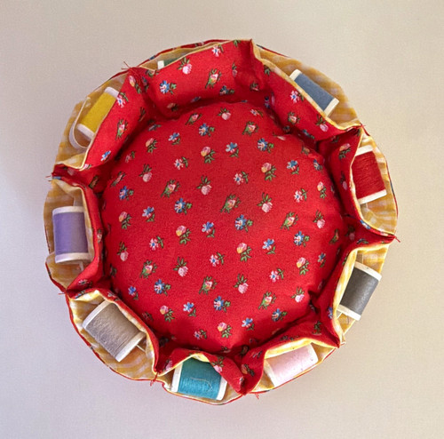 VTG Handmade Fabric Pincushion Thread Spool Holders Red Floral Gingham Sewing