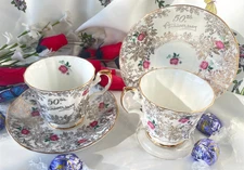 2 Vintage Elizabethan Fine Bone China Cup Saucer Sets England 50th Anniversary