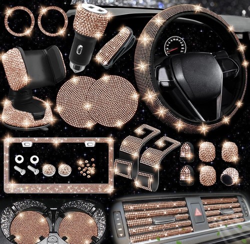 27PCS Bling Car Accessories Set for Women, 15 Inch Reinestone Champagne Gold