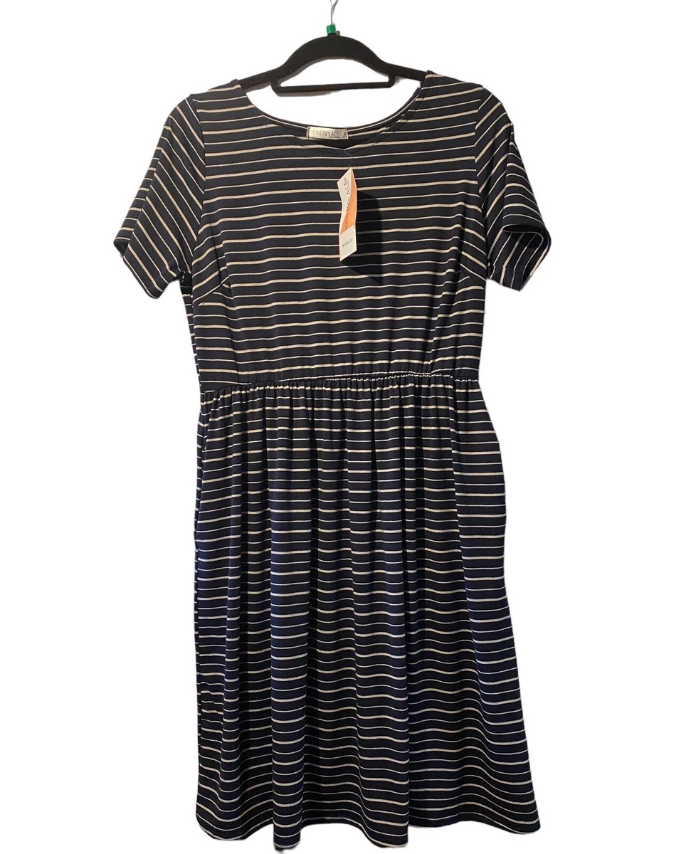 Honey & Lace Windsor Dress Navy Grey Stripe Short Sleeve LG Elastic Waist  NWT | eBay