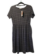 Honey & Lace Windsor Dress Navy Grey Stripe Short Sleeve LG Elastic Waist  NWT