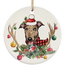 Cute Greyhound Dog With Antlers Reindeer Flower Christmas Circle Ornament Gift