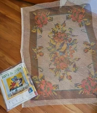 VTG Lot Of 2 RUG CANVAS STAMPED PATTERN For Latchhook Sunbonnet Girl & Flowers 