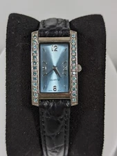 Blue Dial Crystal Accent Silver Tone Rectangle Case Black Leather Band Watch