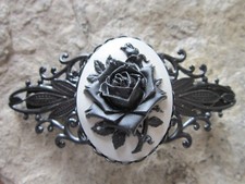 BLACK ROSE ON WHITE CAMEO BLACK FILIGREE BARRETTE - WEDDING - BRIDAL - FORMAL