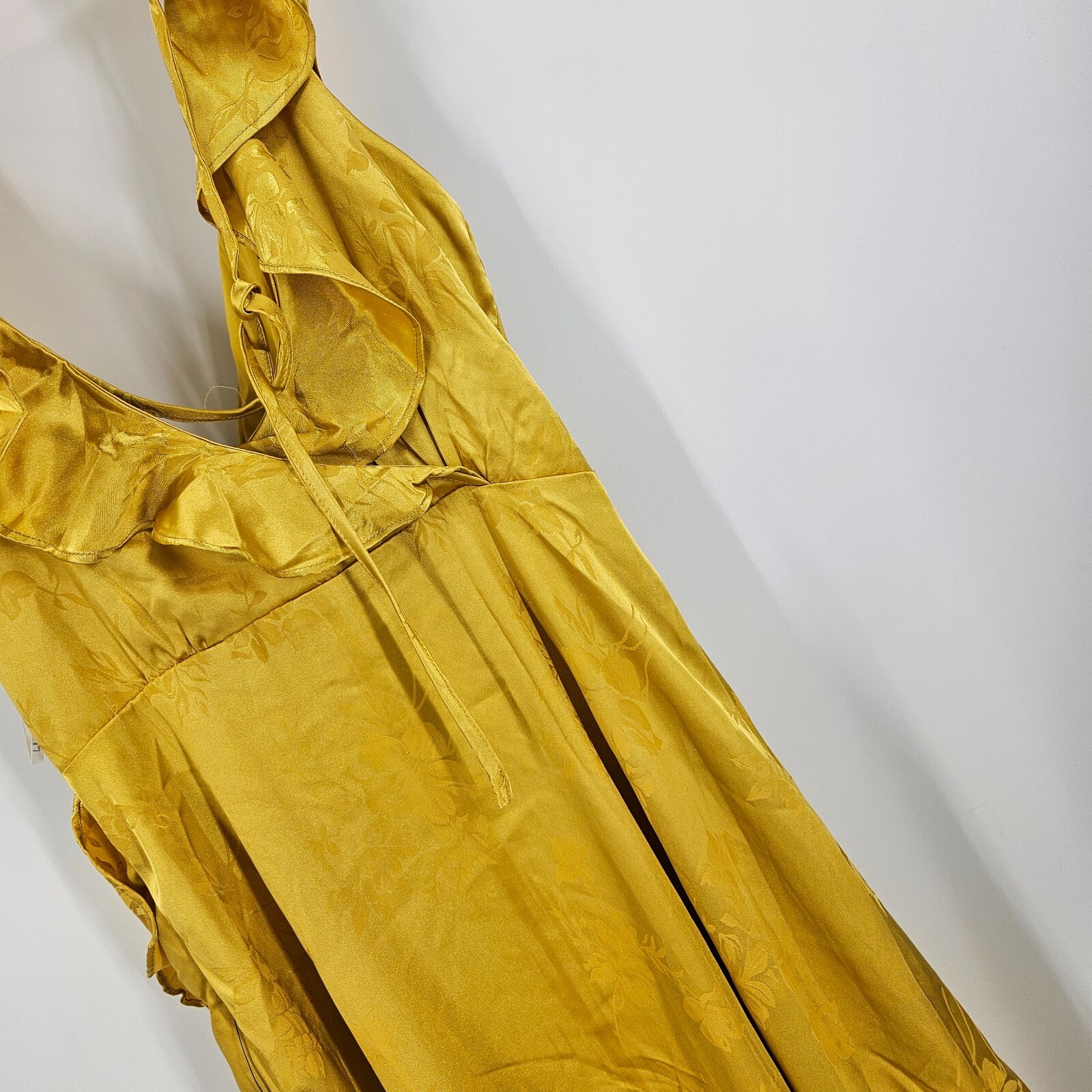 Lulus Dress Mustard Yellow Satin Trim Ruffles FauxWrap Mini New Year