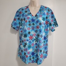 SB Scrub Top Ladies Size Medium Blue Multicolor Snow Flakes Holiday w/ Pockets
