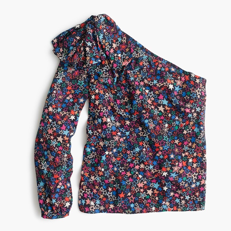 J.Crew NWT Blouse Sz 8 One Shoulder Ratti Kaleidoscope Star Print Ruffle Sleeve