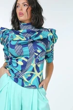 CQ by CQ Colorful Top Women Size Small Artsy Pattern Puff Sleeves Green Blue New