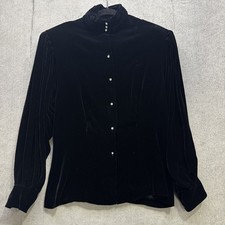 Black velvet rhinestone button evening blouse glam holiday vintage 80s 90s 10