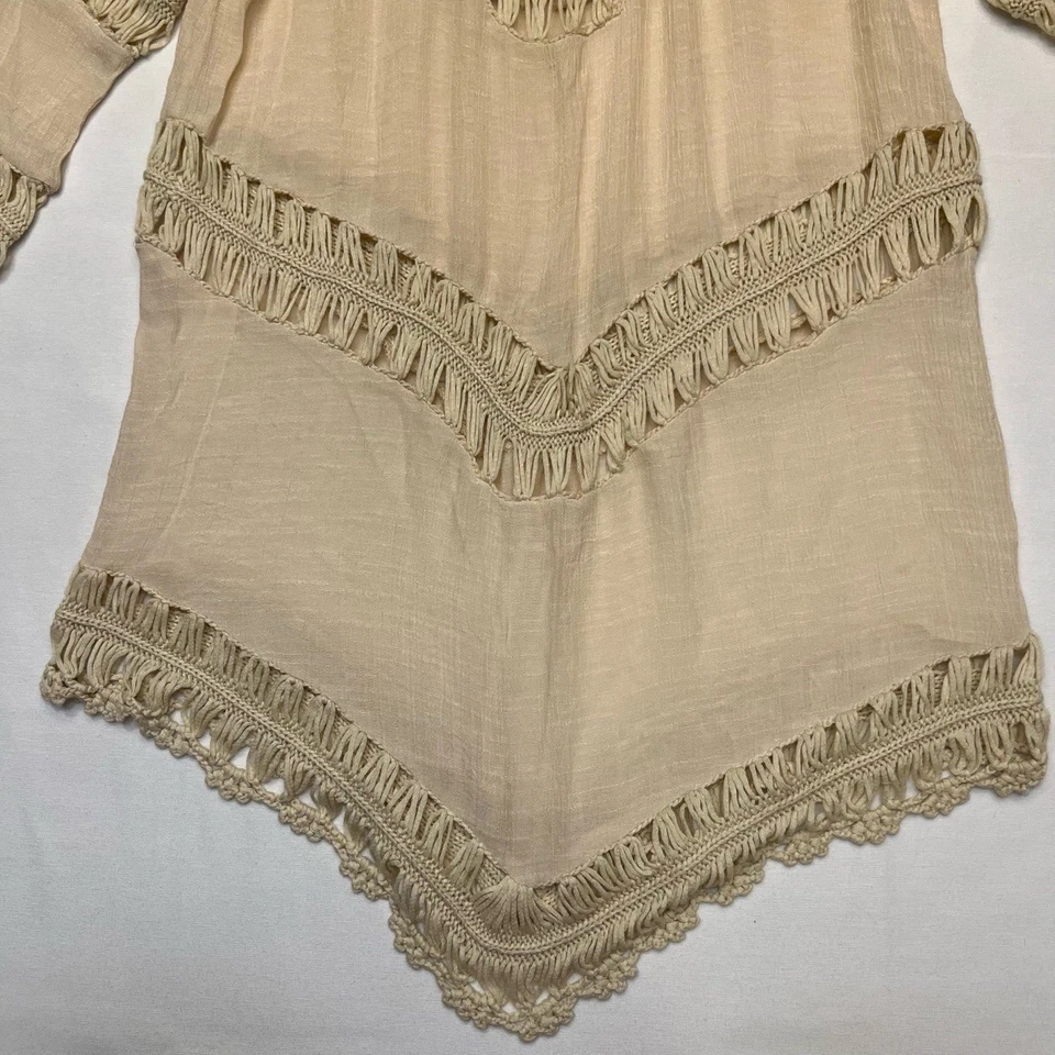 Blusa túnica bohemia crochet cuello en V manga 3/4 dobladillo asimétrico beige talla S Foto 3 de 4
