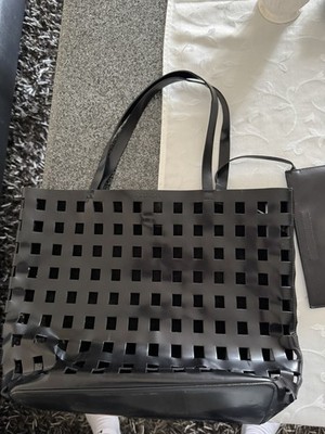 PRADA Vintage Black Leather Tote Bag with Pouch Mesh Cut Patent Italy 90s A4
