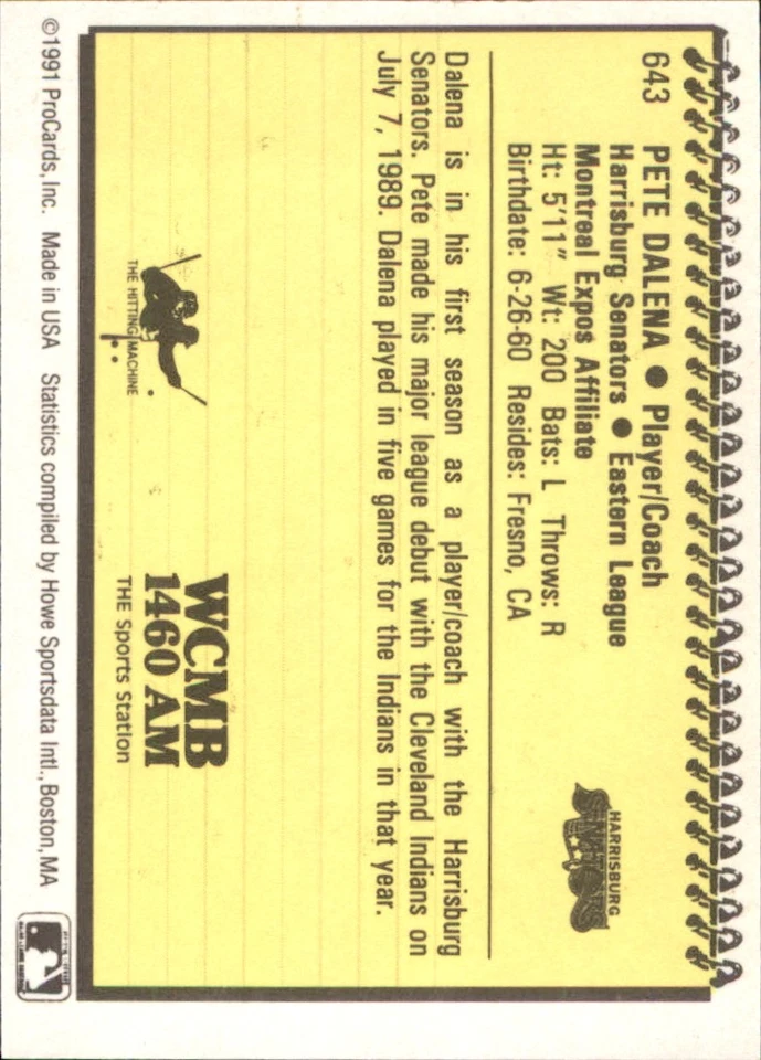 Pete Dalena 1991 ProCards #643 RC Harrisburg Senators *AutographDen* - Image 2 of 2