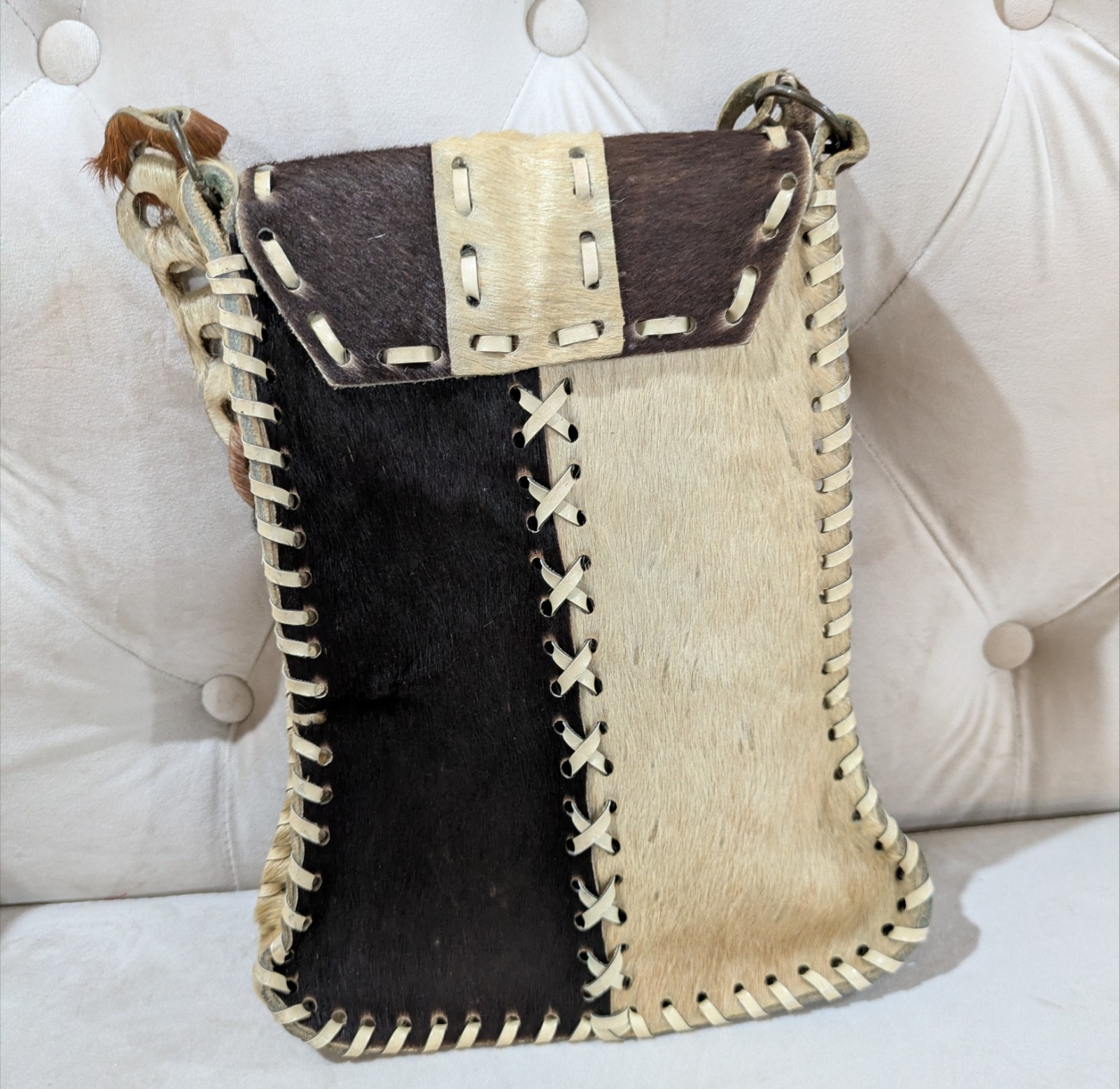 BROWN LEATHER COWHIDE PATCHWORK SLING BAG SHOULDE… - image 2