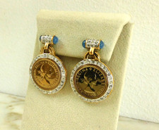 VINTAGE SIGNED PANETTA GOLD COIN BLUE CABOCHON CLEAR CRYSTALS CLIP ON EARRINGS