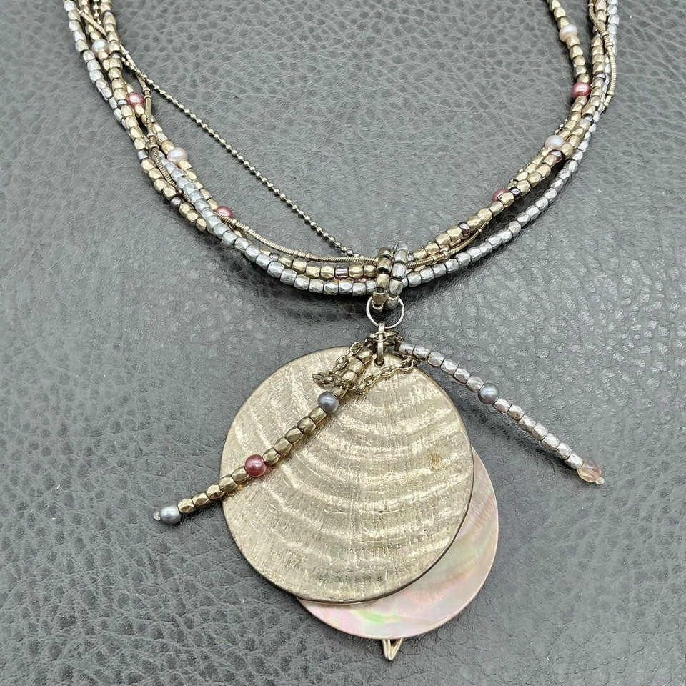 Collar Chico's Multistrand Cuentas Oro Plata Rosa Concha Colgante Ajustable Foto 3 de 4