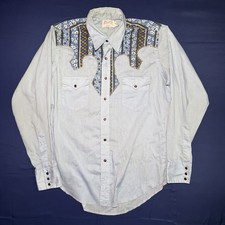 VTG 70  s Men  s Wrangler Sky Blue Plaid Yoke Long Tails Pearl Snap Shirt USA SZ L