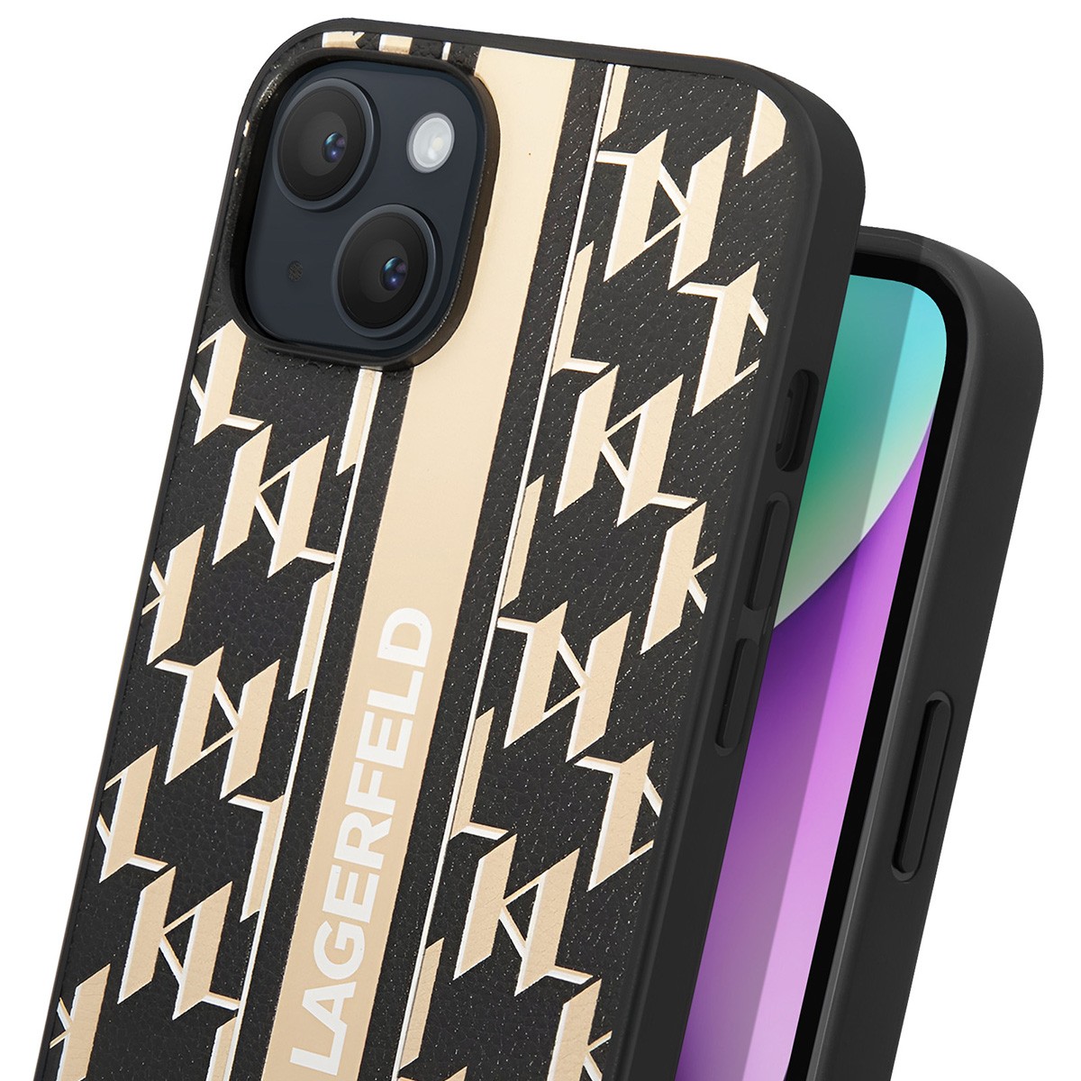 Coque iPhone 14 Karl Lagerfeld Monogram Stripe en polyuréthane noir - 3