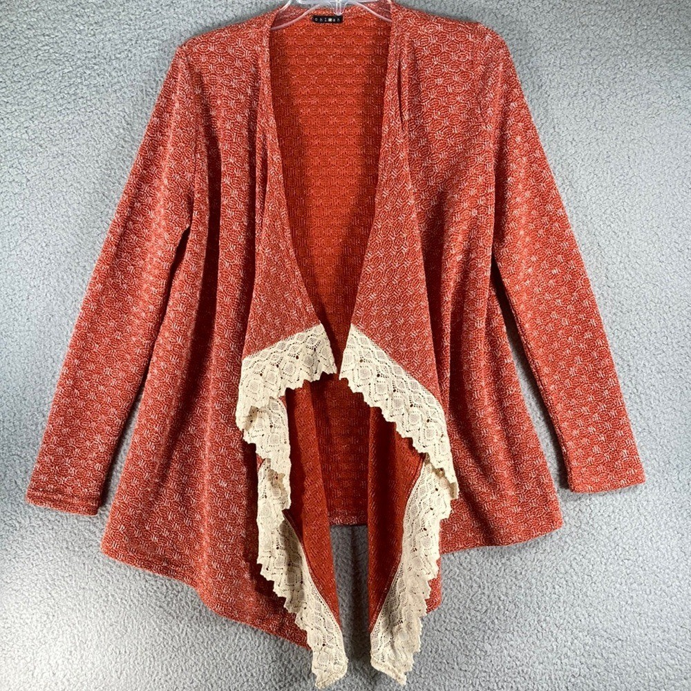 Chlan Women's Open Front Knit Cardigan Sweater SZ M Rust Lace Trim Lightweight
