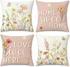 Spring Floral Throw Pillow Covers 18X18 Inch Outdoor Pink Garden Wildflowers Pla