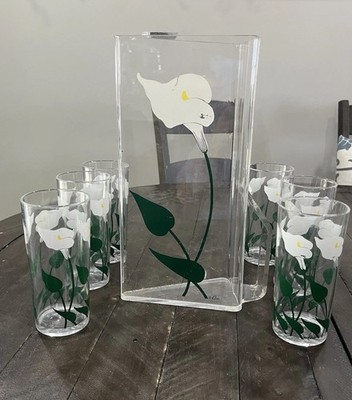 Vtg Cora Acrylic Calla Lilly Pitcher 6 Cups Floral MCM