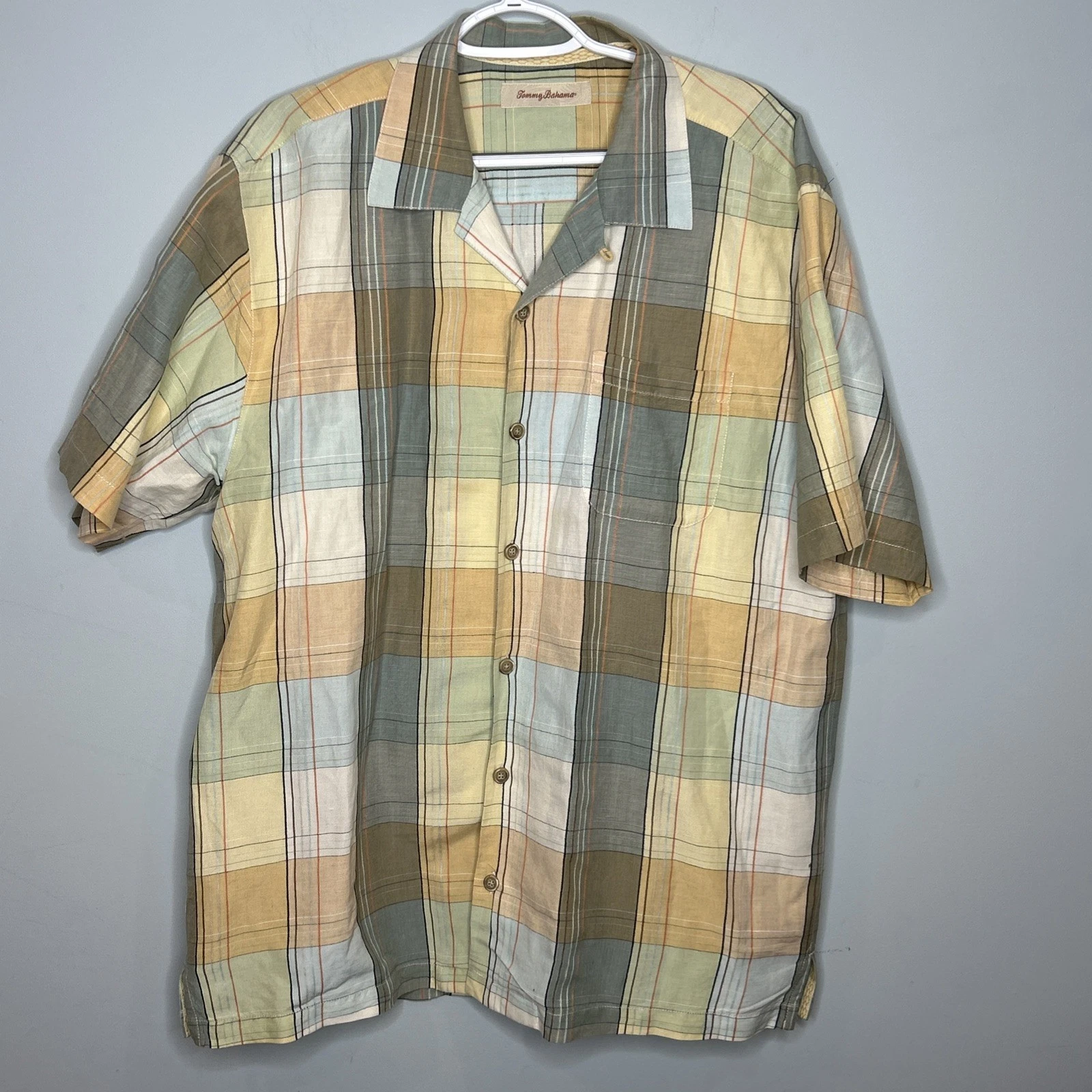 Tommy Bahama Coastal Plaid Camp Shirt Silk Linen Yellow Blue Green XL Relaxed