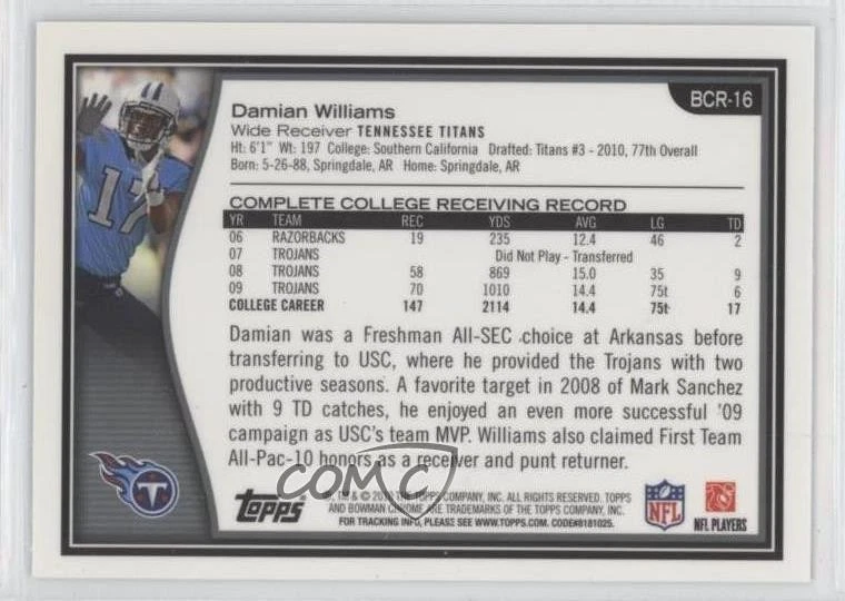 2010 Topps Chrome Bowman Chrome Rookies Damian Williams #BCR-16 RC - Image 2 of 2