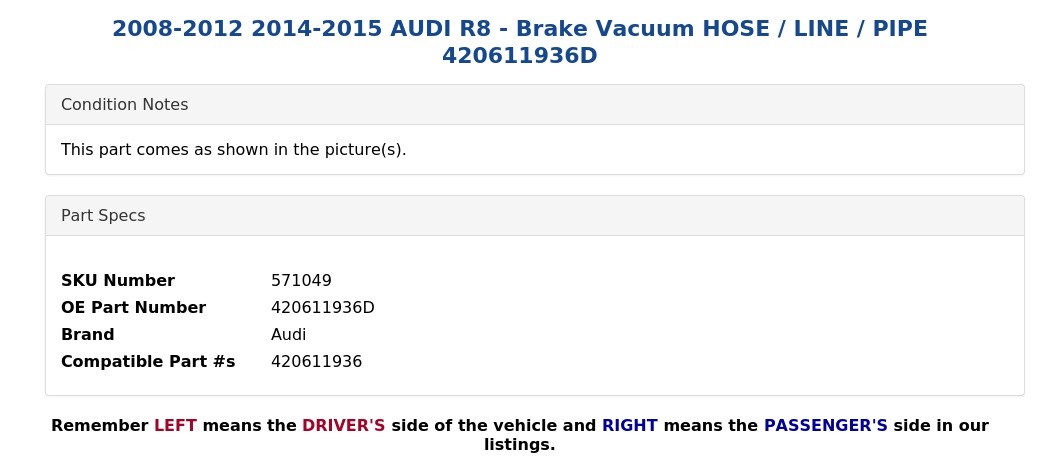Audi R8 2008-2012 Hose pipe P/N 420611936D