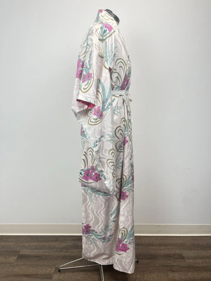 Roupão quimono vintage algodão branco rosa azul-petróleo floral comprimento total com cinto tamanho único - Imagem 3 de 4
