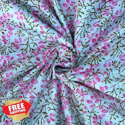 E-Tailor Cotton Voile Hand Block Print Fabric 1 Yard Floral Grey