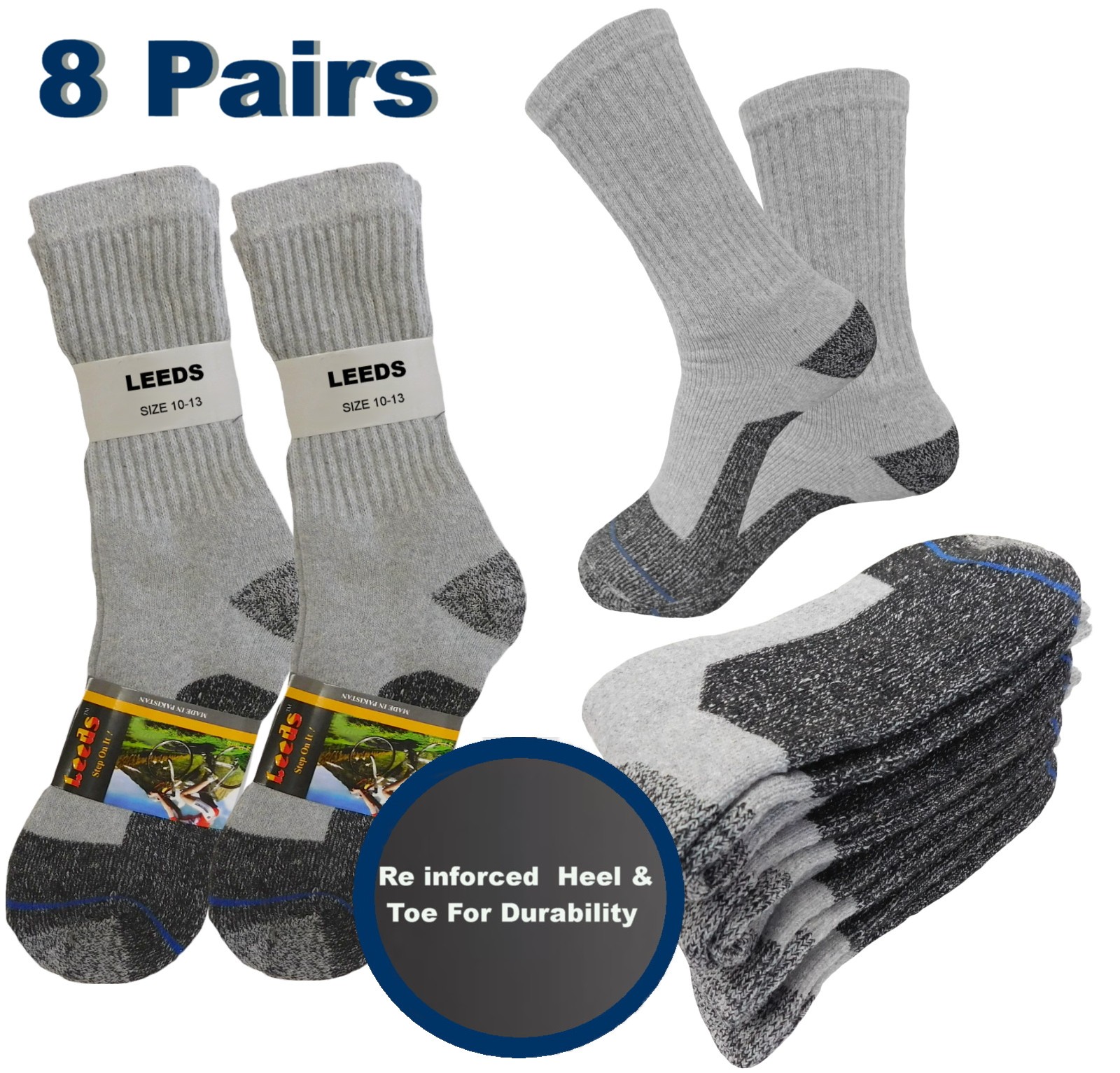's Work Socks Gray Boot Socks Cushioned 10-13 Reinforced Heel & Toe