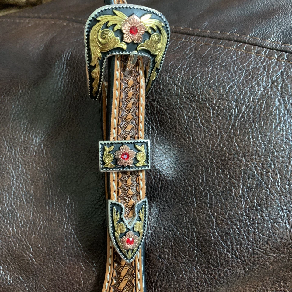 Cinturón Mujer Cuero Genuino Talla 38, 3 Piezas Hebilla Estrás Grabado Tooled Foto 3 de 4