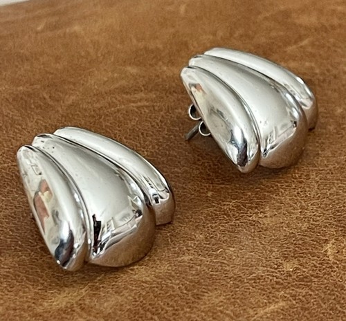 Pendientes vintage de plata de ley 925 Bayanihan acanalados diseño hinchado poste hueco - Imagen 8 de 13