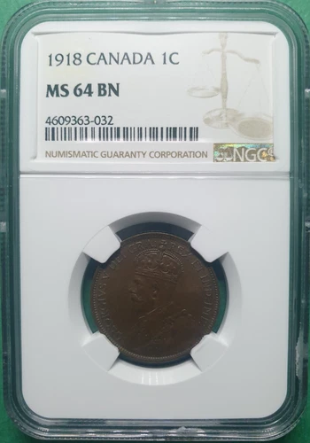 1918 CANADA 1 CENT COPPER NGC  MS 64 BN