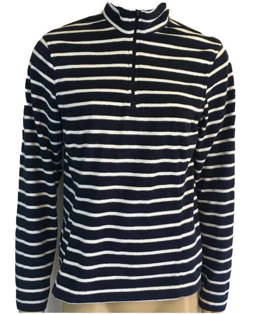 LANDS' END Women's Navy Blue White Striped Quarter Zip Fleece Pullover