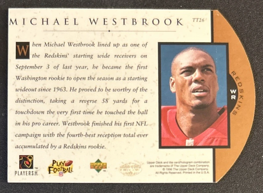 Tarjeta de fútbol americano 1996 Upper Deck Team Trio Michael Westbrook #TT26 Redskins WR EN MUY BUENA CONDICIÓN Foto 2 de 2