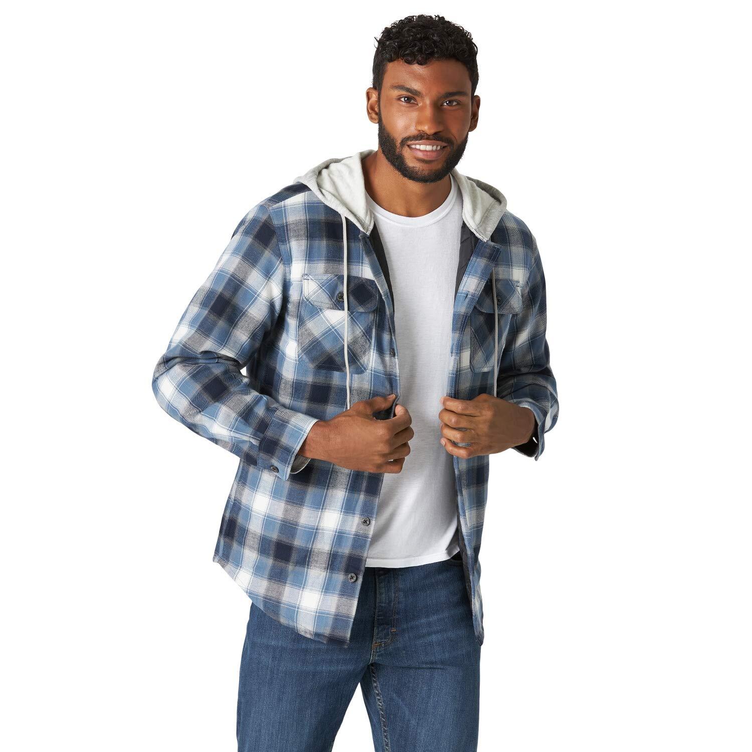 Wrangler Mens Quilted Lined Flannel Shirt Jacket w/ Hood | Blue/Black |  Large 191057860225 | eBay