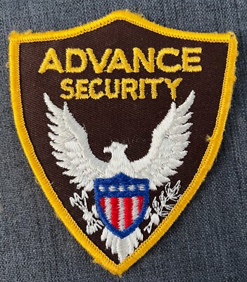 Advance Security Vintage Patch. Cheesecloth back, unsewn Black twill background