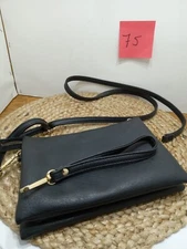 Black Faux Leather 3 Seperate Storage Black Purse Sholder Strap And Hand Strap