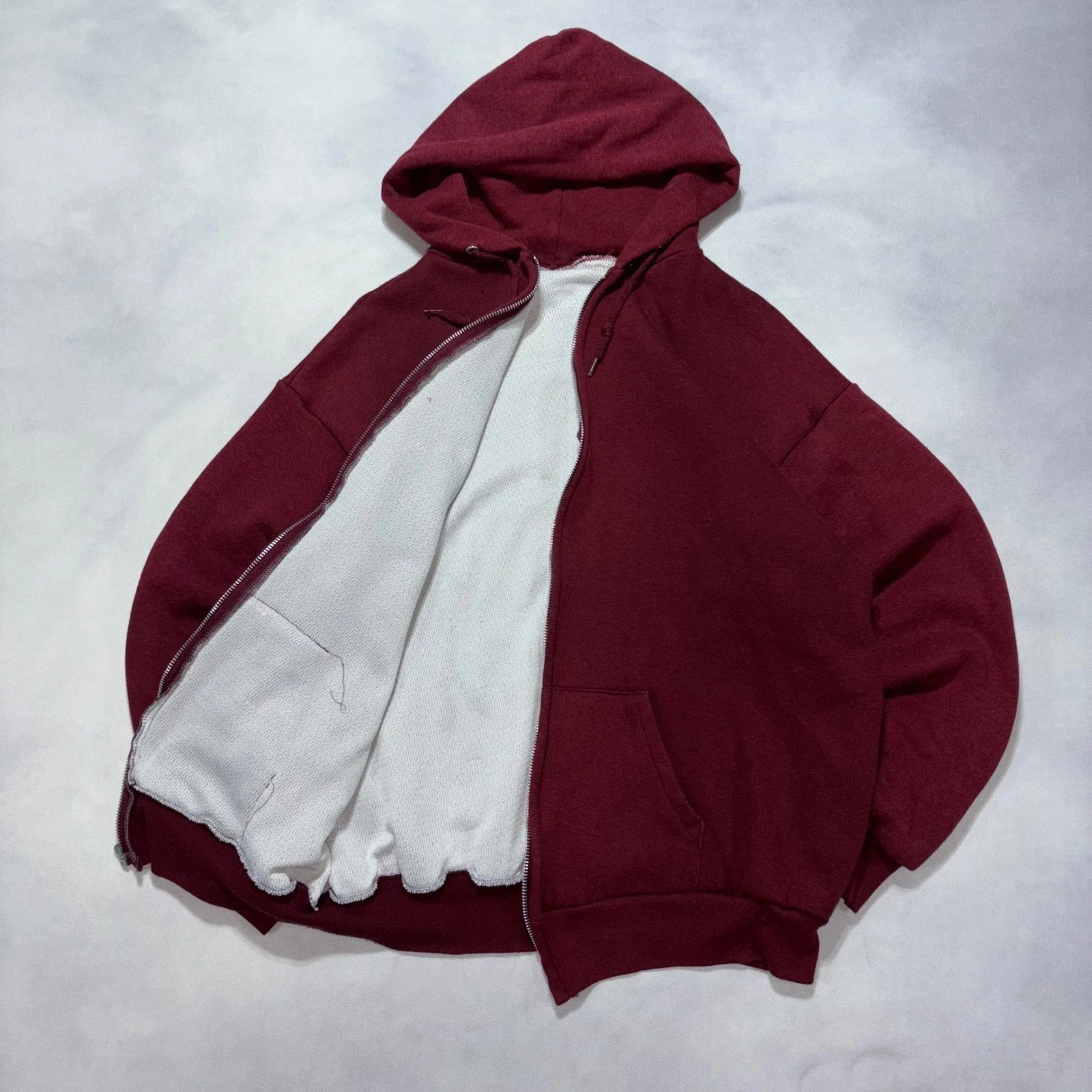 Vintage 90s Thermal Lined Full Zip Hoodie Mens Large Red Burgundy Faded Blank
