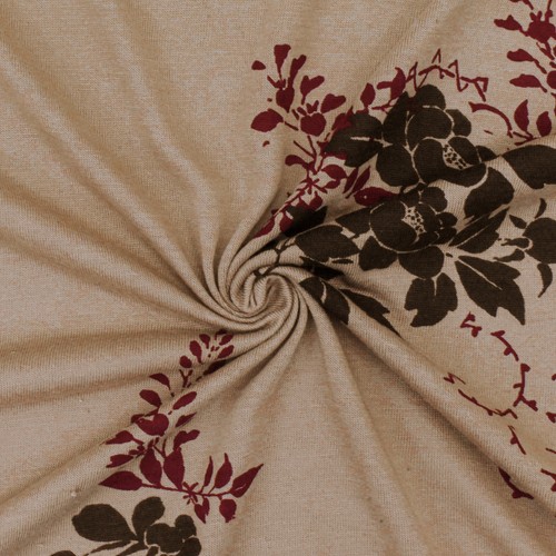 Brown-Burgundy Floral Leaf Printed Slub Jersey Knit Fabric - Picture 2 of 5