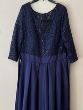 Alex Evenings Navy Blue Sequin Lace Dress With Satin Skirt And Ribbon Belt