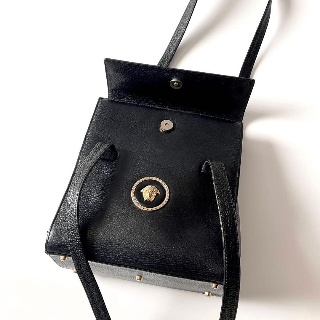 Versace Leather Shoulder Bag Tote Black Flap Medusa Grained Leather Used thumbnail 9