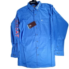 Ariat Shirt Mens Large Tall Blue Classic Fit Team Logo Button USA Flag $67 MSRP