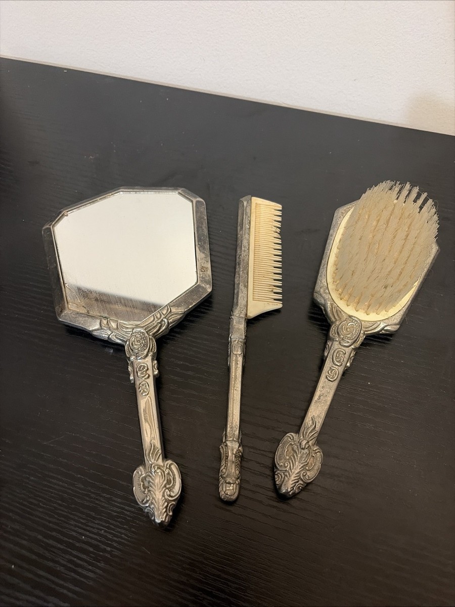 Vintage GSA Vanity Mirror Brush Comb Set 3 Piece Silver Plated