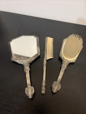 Vintage GSA Vanity Mirror Brush Comb Set 3 Piece Silver Plated Victorian READ
