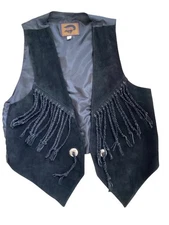 VTG Fox Run Leather Vest L Black Suede Western Waistcoat Cowboy  Braided Fringe