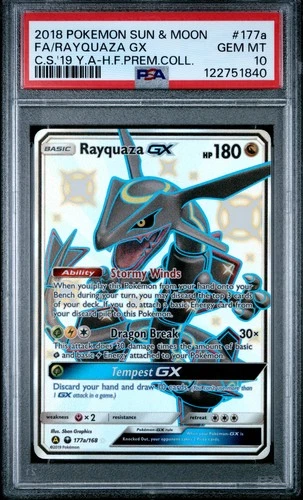 2018 POKEMON SUN & MOON CELESTIAL STORM #177A FULL ART/RAYQUAZA GX PSA 10