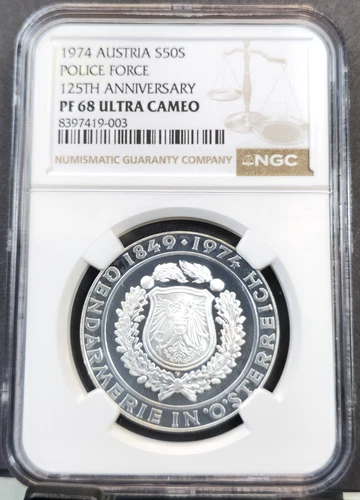 1974 AUSTRIA SILVER 50 SCHILLING POLICE FORCE ANNIV NGC PF 68 ULTRA CAMEO RARE