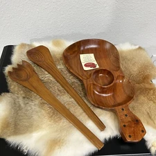 Kamani Wood Ukelele Tray New With Salad Server Spoon/Forks Wood Kitchenwares